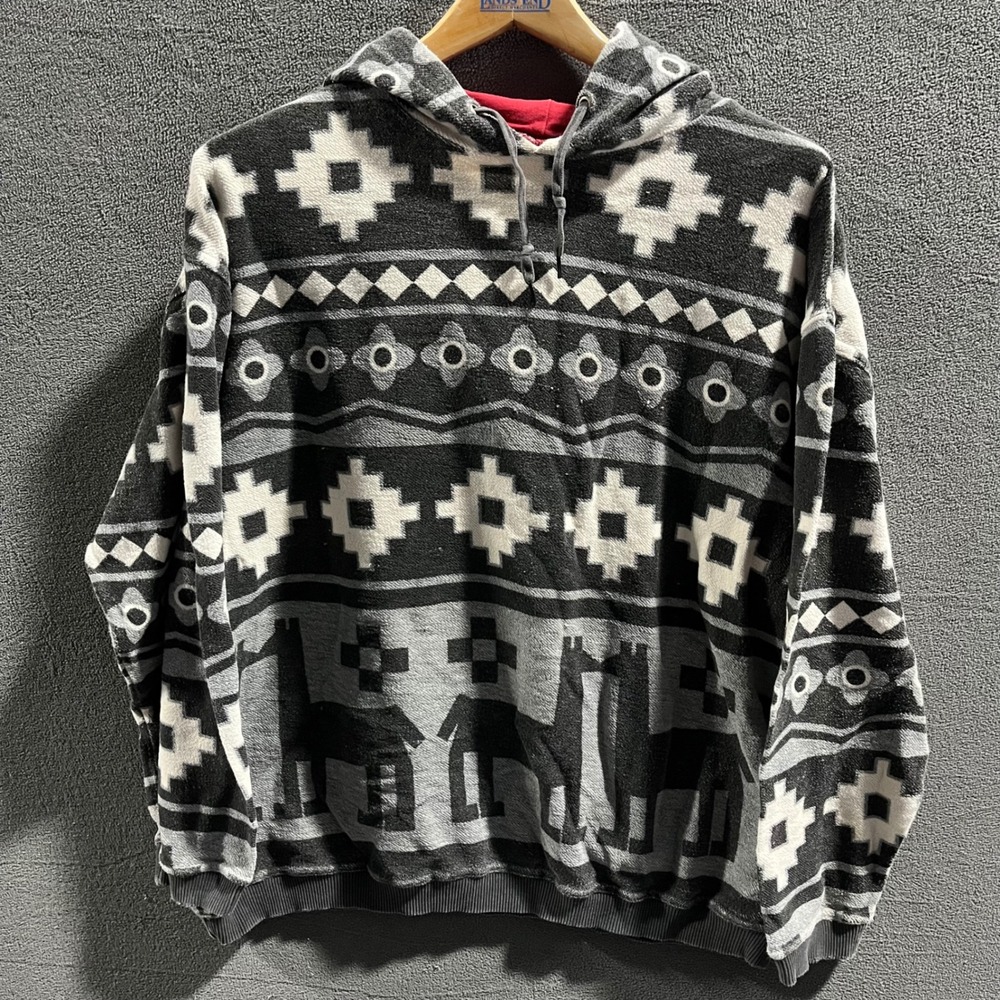 Vintage Esprit Mens Southwestern Llama Geometric Fleece Hoodie Grey Large